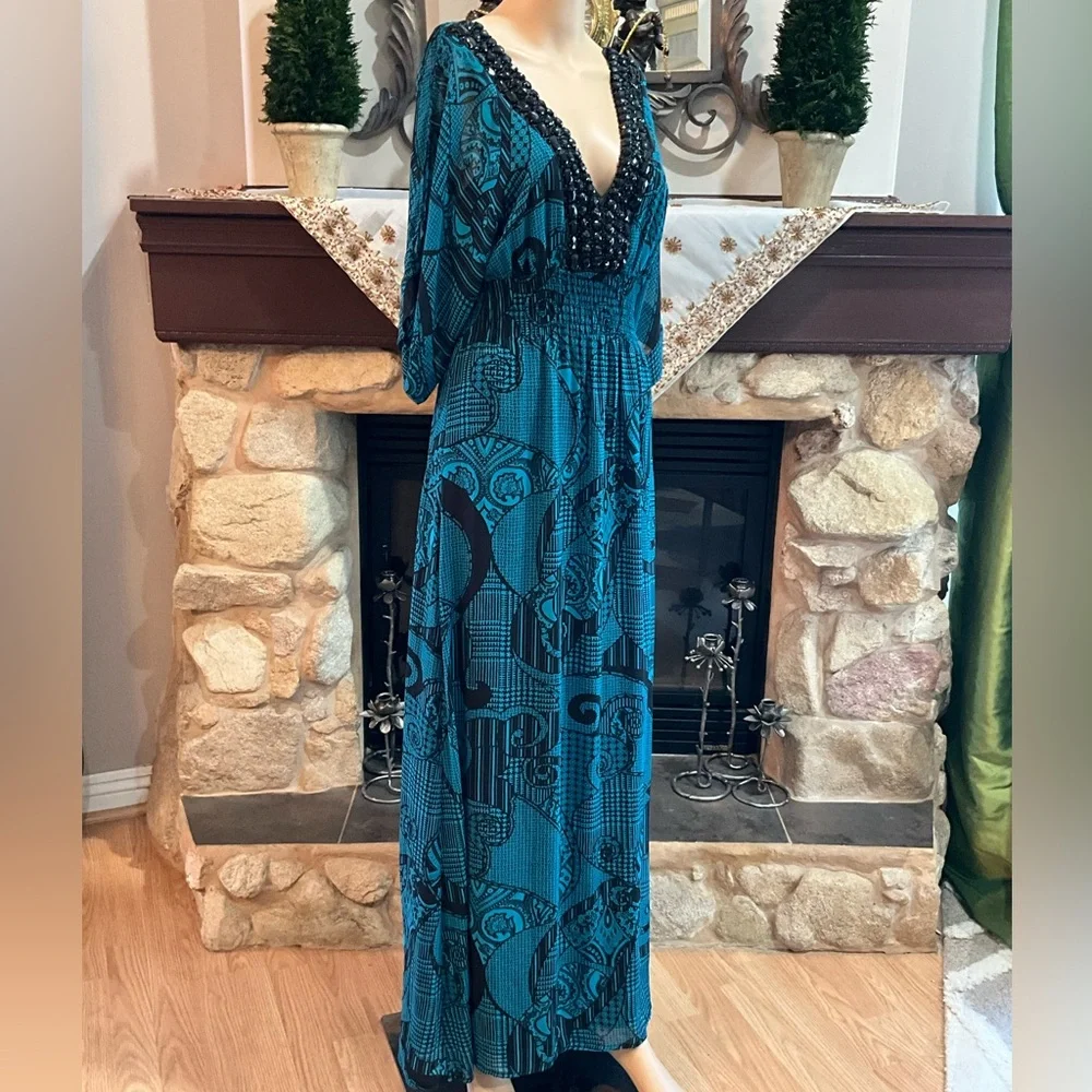 B. Smart Elegant Teal and Black Maxi Dress - Picture 1 of 10